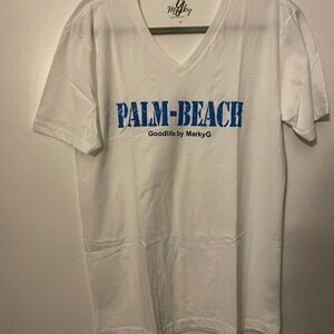 Marky G Apparel Womens White V Neck Good life Palm Beach T Shirt Size Medium